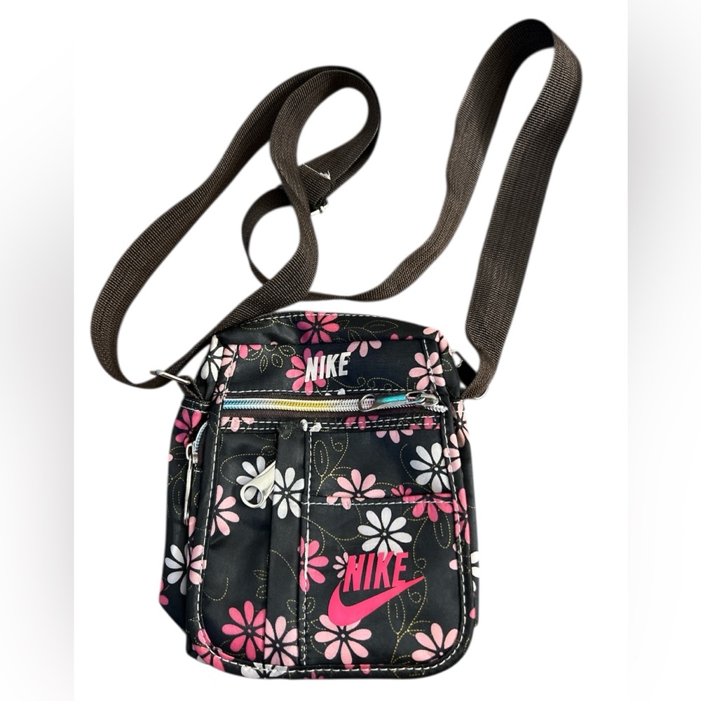 Nike Black and Pink Crossbody Bag with Floral Design